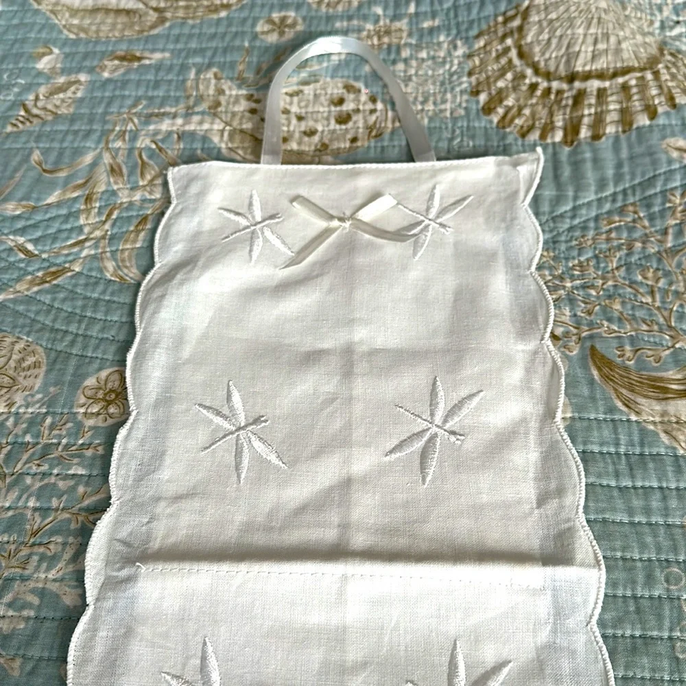 White embroidered dragonflies toilet paper holder two rolls for guest bathroom